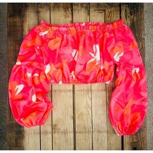 Womens Floral Off Shoulder Crop Top Pink Orange Puff Sleeve Size M